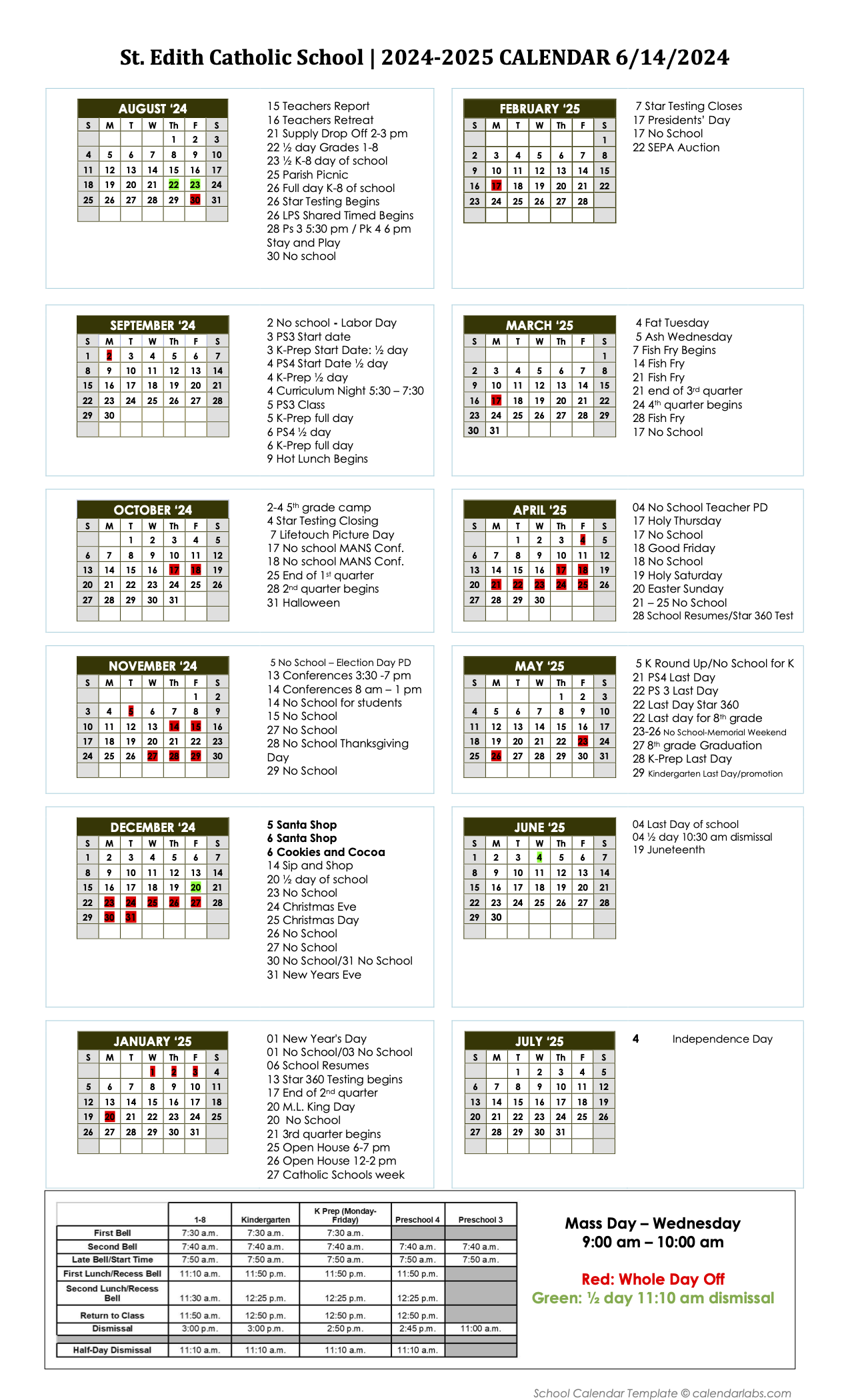 School Calendar - St. Edith Catholic School